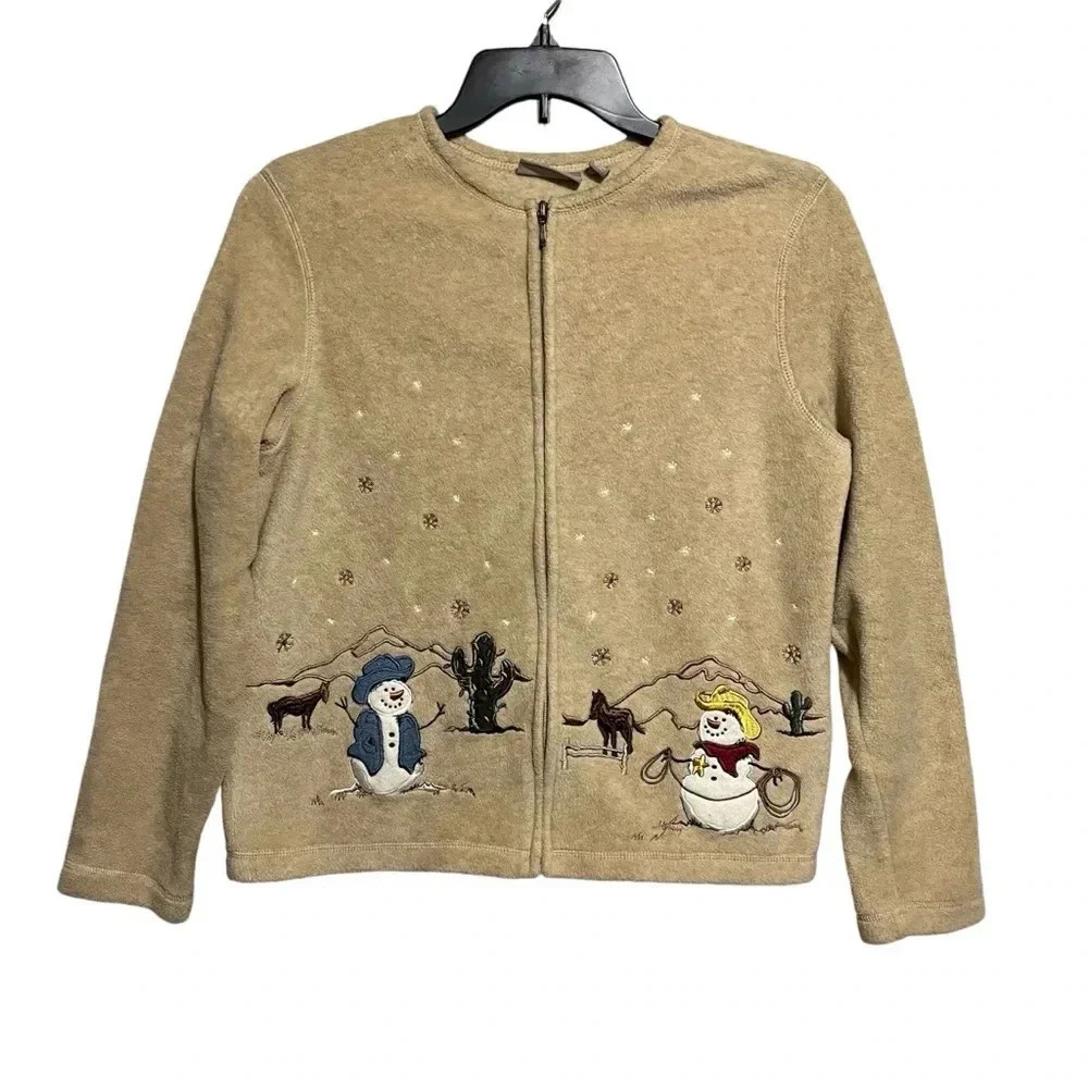 Croft & Barrow Western Snowman Cardigan Cream Fleece Women's Sweater Size Large